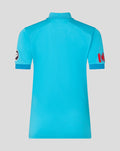Back view of vibrant blue ODI Pro short sleeve cricket shirt with a textured fabric and polo style collar