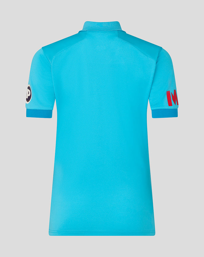Back view of vibrant blue ODI Pro short sleeve cricket shirt with a textured fabric and polo style collar