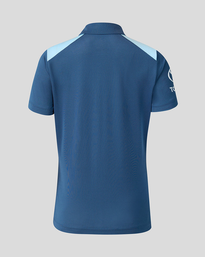 Back view of womens blue Training Poly Polo with dark body and light blue shoulder panels.