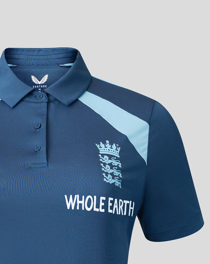 Blue England training polo with light blue shoulder panel, three lions crest and Whole Earth sponsor.