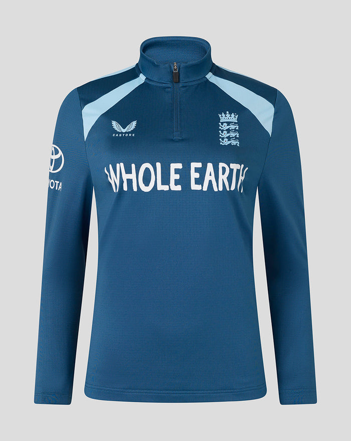 Blue training midlayer top with zip collar light blue shoulder panels Castore logo and England crest.