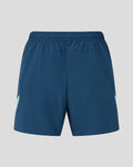Back detail of blue shorts showing a light blue side panel and a Three Lions crest near the hem