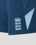 Back view of blue training shorts with an elastic waistband and light blue side panel
