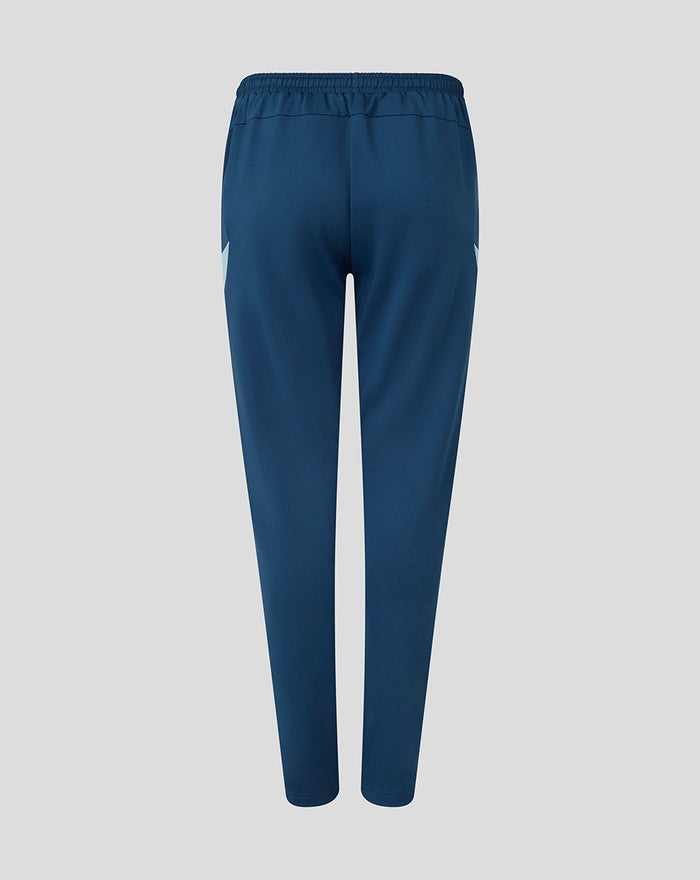 Back view of blue women's training pants with elastic waistband and England cricket crest.
