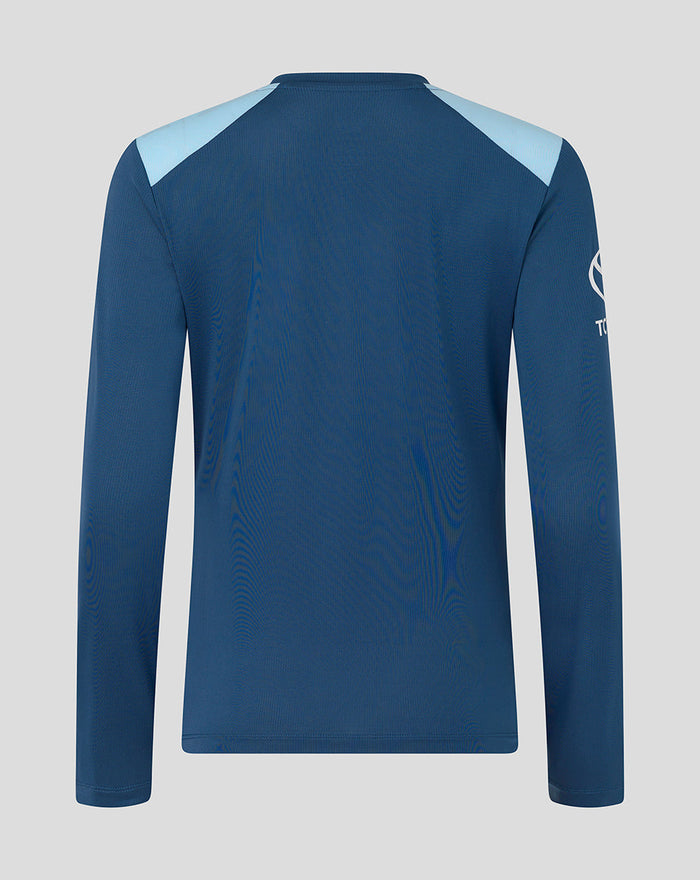 Back view of navy blue training long sleeve shirt with light blue shoulder panels.