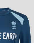 Front view of navy blue training long sleeve shirt with light blue shoulder panels and the Three Lions crest.