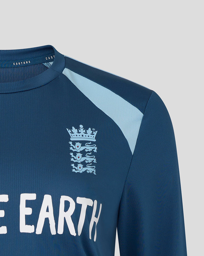 Front view of navy blue training long sleeve shirt with light blue shoulder panels and the Three Lions crest.