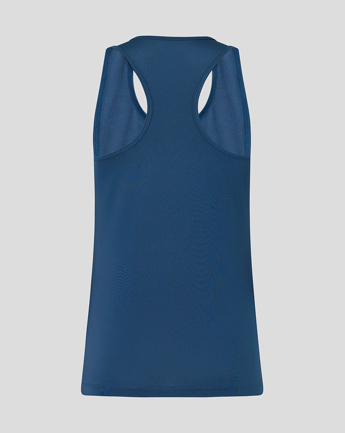 Back view of Ensign Blue womens training racer back top with mesh panels for ventilation.