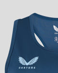Close-up of shoulder area of Ensign Blue training racer back showing Castore logo.