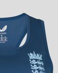 Close-up of blue sleeveless training top shoulder with England crest and Castore branding
