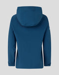 Back view of blue training rain jacket with hood up and subtle branding