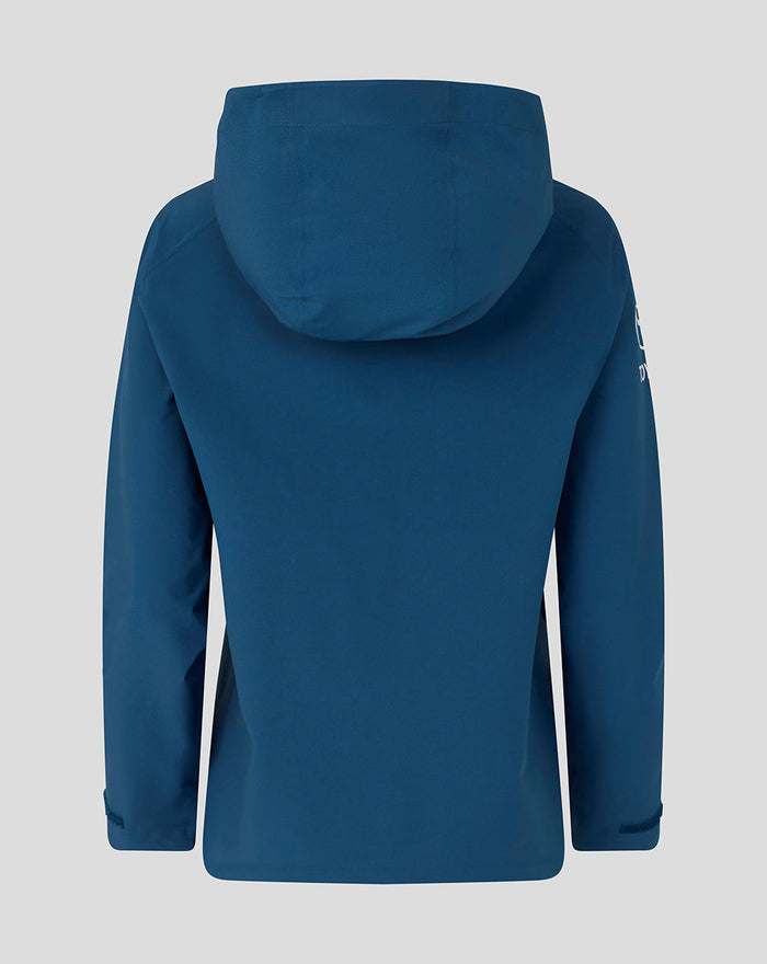 Back view of blue training rain jacket with hood up and subtle branding
