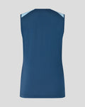 Back view of blue sleeveless training top with subtle light blue shoulder panels