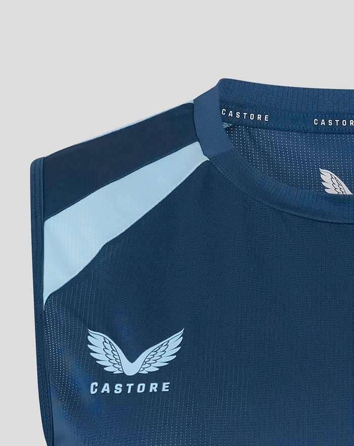 Blue sleeveless training top with light blue shoulder panel and England Cricket crest.
