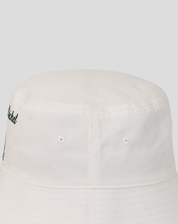 White retro bucket hat with vintage England Cricket crest embroidery
