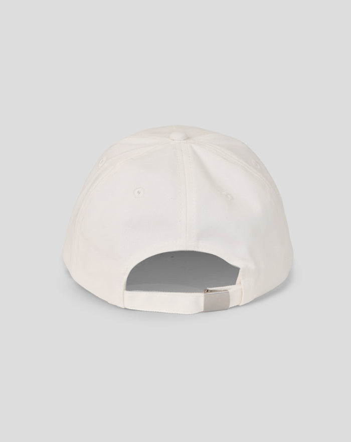Close-up of a white six-panel Retro Cap crown with a centered button.