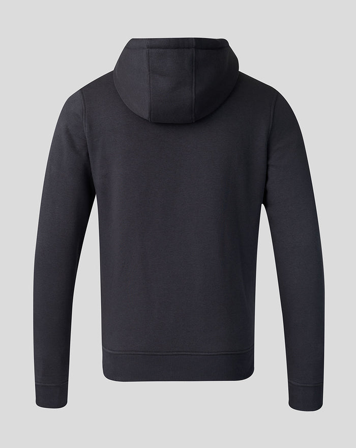 Back view of a dark navy Crest hoodie showing its hood and plain back