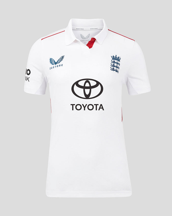 White ECB women's 25/26 Pro Test short sleeve cricket shirt with England crest and Toyota sponsorship