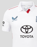 Close-up of white ECB shirt showing Castore logo on the chest and the Toyota sponsor across the front