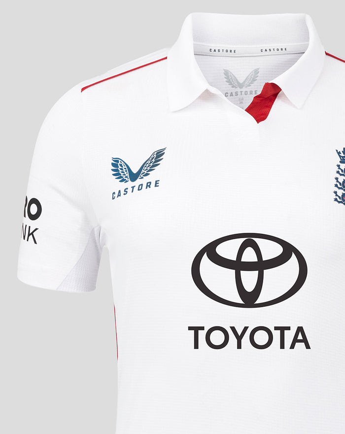 Close-up of white ECB shirt showing Castore logo on the chest and the Toyota sponsor across the front