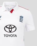 White ECB women's Pro Test cricket shirt with England crest on the chest Toyota sponsor logo and red shoulder piping