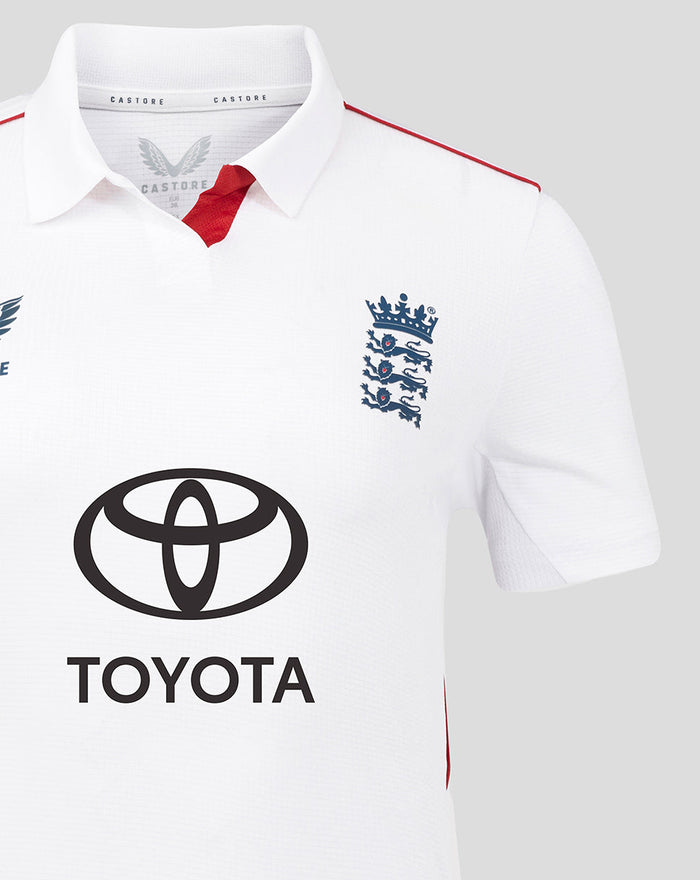 ECB women's white Test replica short sleeve cricket shirt with England crest and Toyota sponsor