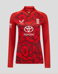Red ECB Women's 25/26 T20 Pro Long Sleeve Shirt front view with England crest and Toyota sponsor logo
