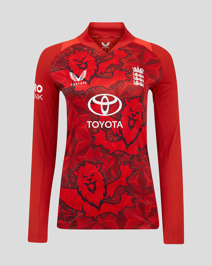 Red ECB Women's 25/26 T20 Pro Long Sleeve Shirt front view with England crest and Toyota sponsor logo