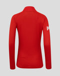 Back view of red ECB Women's 25/26 T20 Pro Long Sleeve Shirt showing textured fabric and a white logo on the sleeve