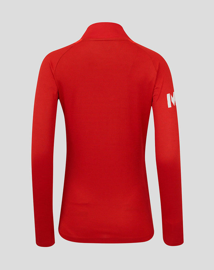 Back view of red ECB Women's 25/26 T20 Pro Long Sleeve Shirt showing textured fabric and a white logo on the sleeve
