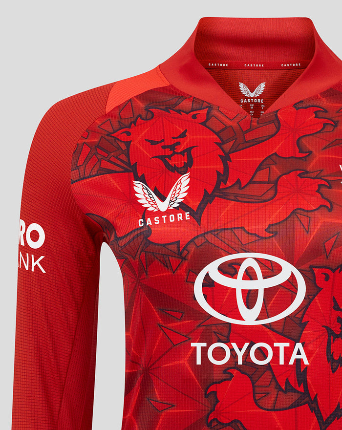 Red ECB women's 25/26 T20 Pro long sleeve cricket shirt with dragon motif and Toyota sponsor