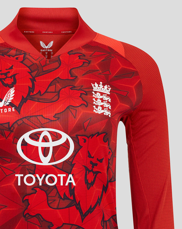 Close up of red ECB women's 25/26 T20 Pro long sleeve shirt showing England crest and Toyota logo