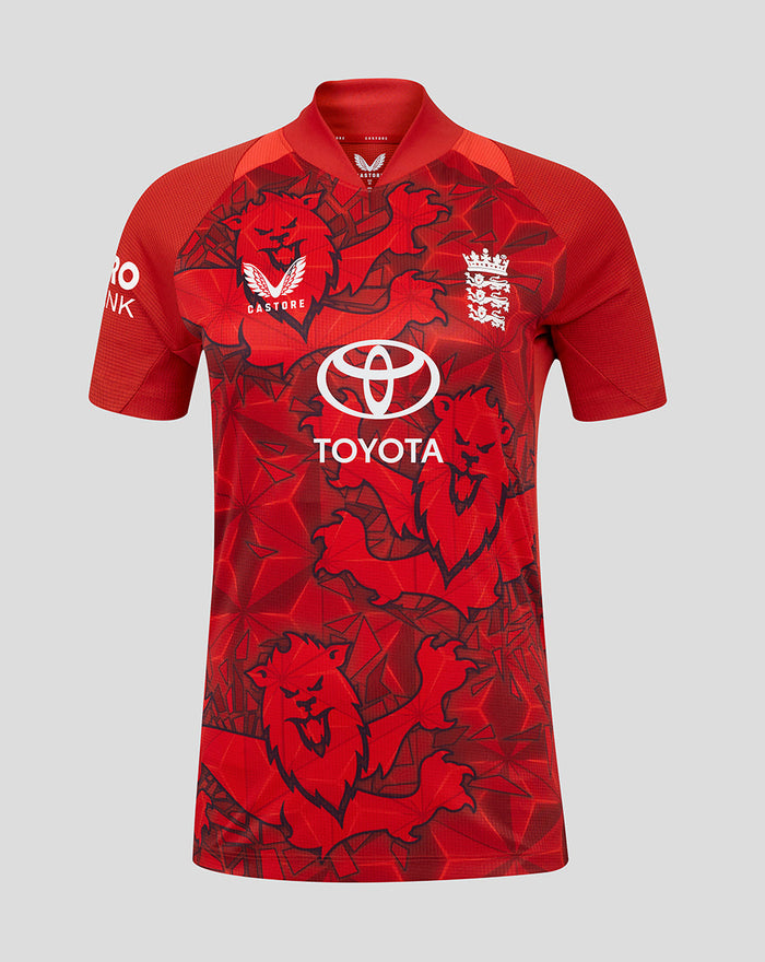 Front view of red ECB Women's 25/26 T20 Pro short sleeve shirt with lion motif and Toyota sponsorship