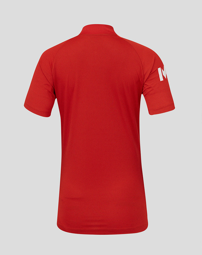 Back view of red ECB Women's 25/26 T20 Pro short sleeve shirt with a white sleeve logo