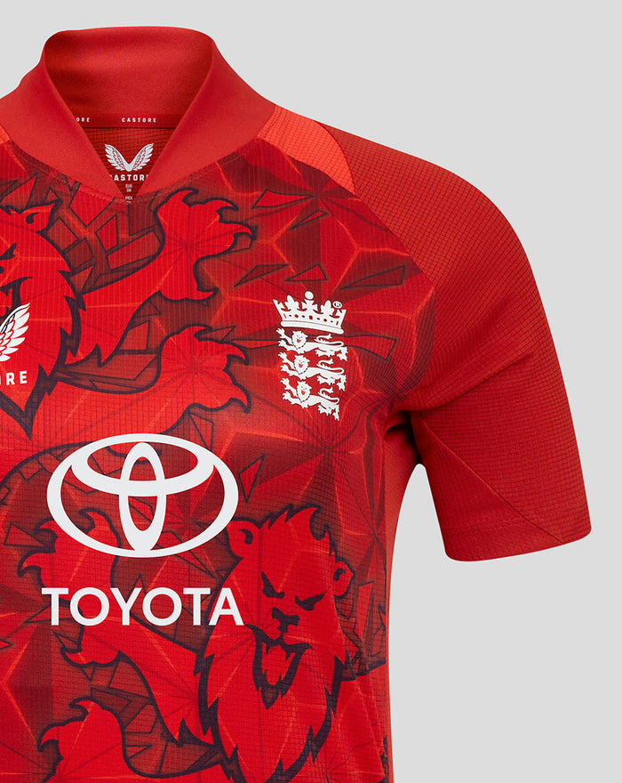 Red ECB women's 25/26 T20 Pro short sleeve cricket shirt with crest on the chest and Toyota logo