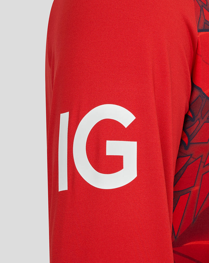 Close-up of sleeve showing large white graphic on red fabric
