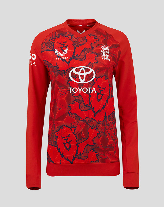 Front view of red ECB Women's 25/26 T20 sweater with Toyota logo and crest artwork