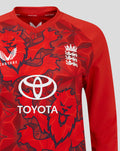 Red ECB Women's 25/26 T20 sweater shown from a different angle with graphic pattern and Toyota emblem on chest