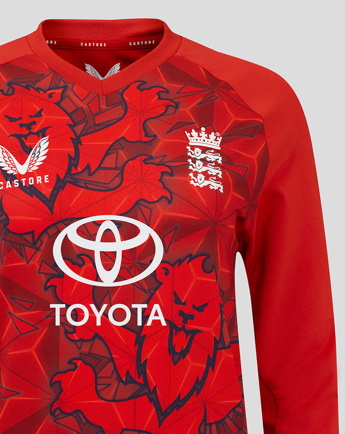 Red ECB Women's 25/26 T20 sweater shown from a different angle with graphic pattern and Toyota emblem on chest