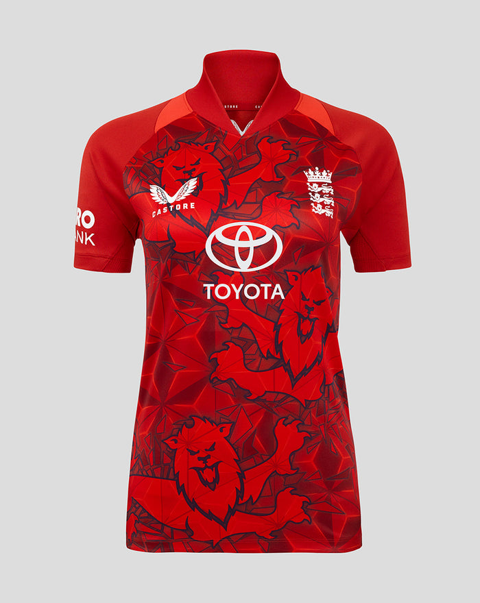 ECB women's 25/26 T20 replica red short sleeve cricket shirt with England crest and Toyota sponsor