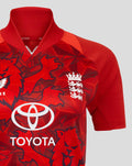 Front view of red ECB Women's 25/26 T20 replica shirt with bold graphic pattern and Toyota logo