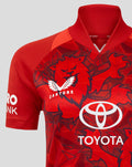 Chest area of red ECB Women's 25/26 T20 replica shirt showing crest and large Toyota logo