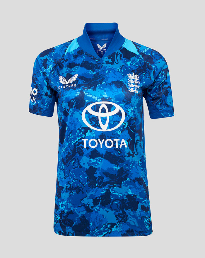 England ODI replica short sleeve shirt in blue camouflage with England crest and Toyota sponsor logo