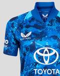 Front view of blue camouflage ECB shirt with Castore crest and Toyota sponsor across the chest.