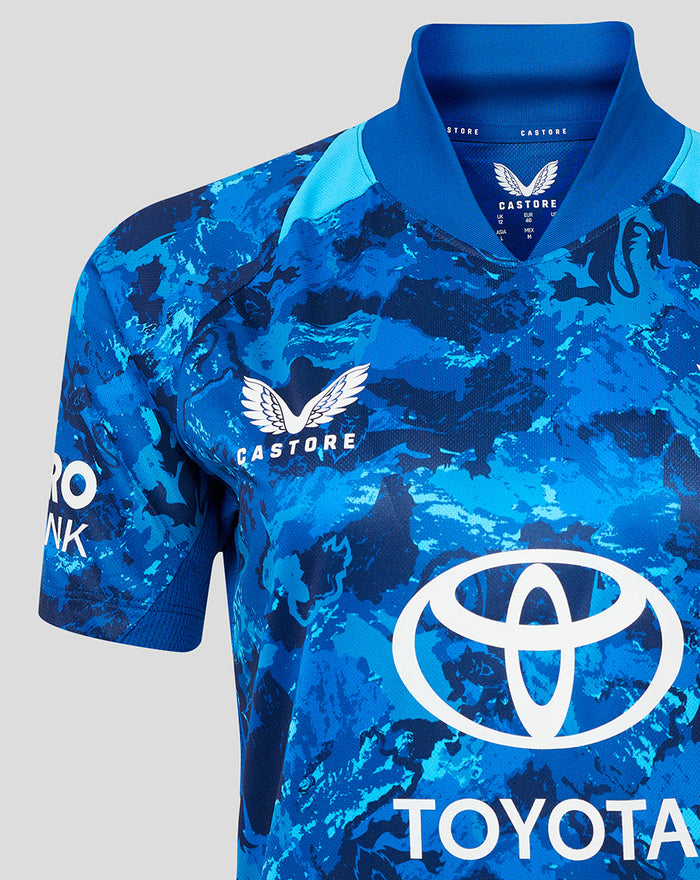Front view of blue camouflage ECB shirt with Castore crest and Toyota sponsor across the chest.