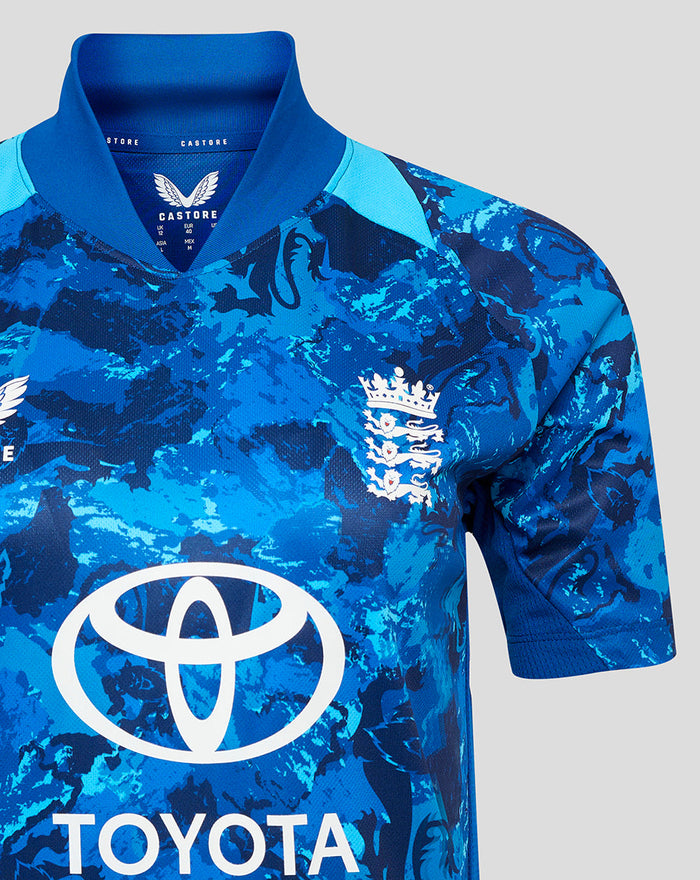 ECB Women's 25/26 Odi Replica short sleeve cricket jersey in blue camouflage with England crest and Toyota logo