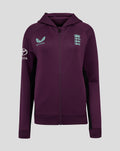 Deep purple ECB Womens training full zip hoodie with light blue Castore wings logo on left chest and England crest on right chest; Toyota logo on left sleeve.