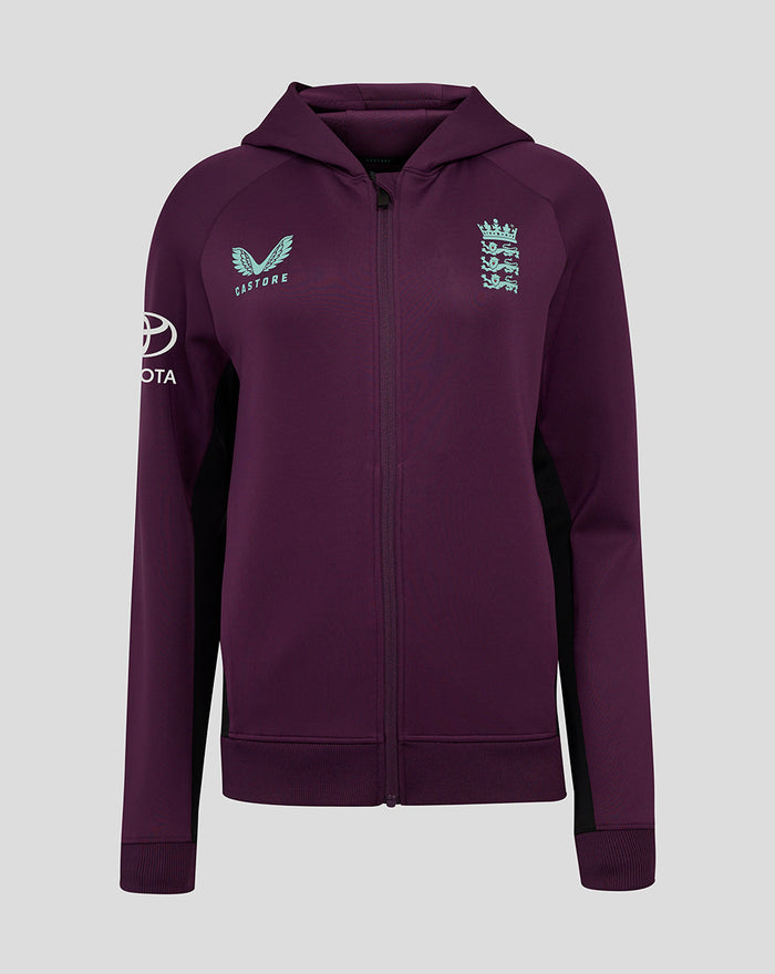 Deep purple ECB Womens training full zip hoodie with light blue Castore wings logo on left chest and England crest on right chest; Toyota logo on left sleeve.