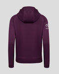 Rear view of ECB Womens training full zip hoodie in maroon with hood and Toyota logo on the left sleeve.