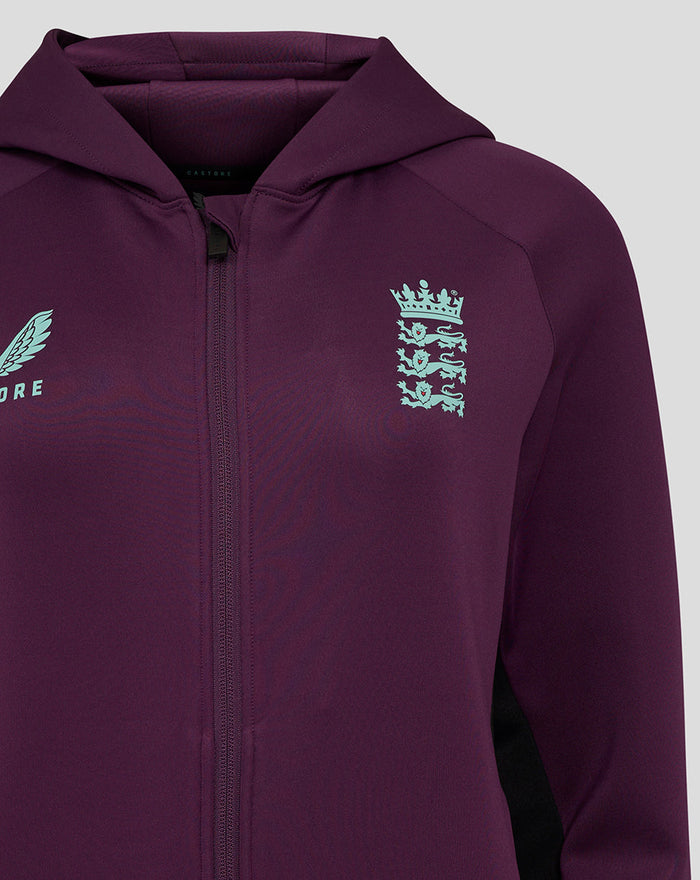 Purple ECB Women's 25/26 Training Full Zip Hoody with light blue three lions crest on the right chest and Castore wing on the left